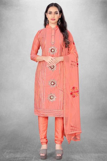Unstitched Modal Cotton Embroidery Churidar Suit In Peach Colour - US3234463