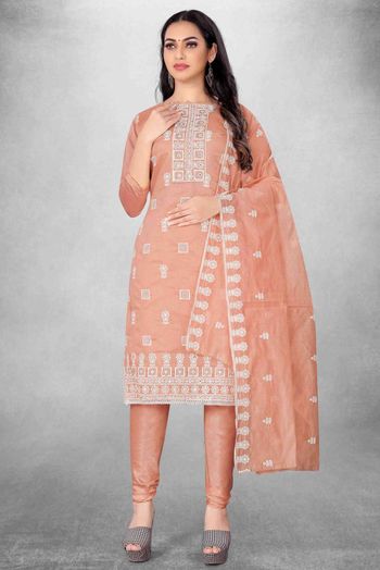 Unstitched Modal Cotton Embroidery Churidar Suit In Peach Colour - US3234513