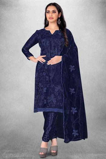 Unstitched Organza Embroidery Churidar Suit In Blue Colour - US3234436