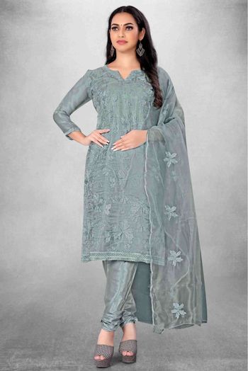 Unstitched Organza Embroidery Churidar Suit In Grey Colour - US3234438