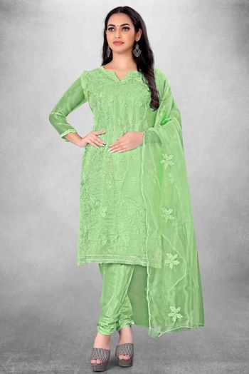 Unstitched Organza Embroidery Churidar Suit In Light Green Colour - US3234439