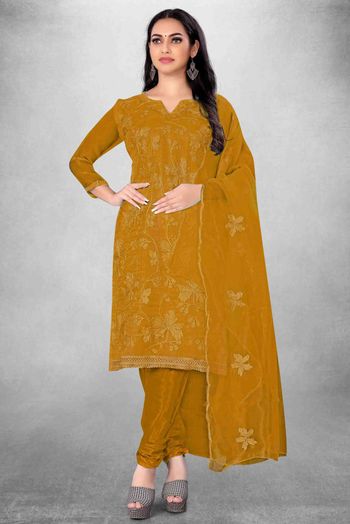 Unstitched Organza Embroidery Churidar Suit In Mustard Colour - US3234441
