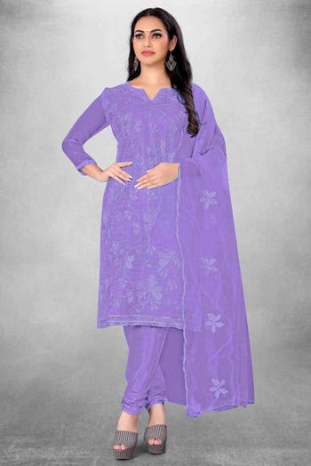 Unstitched Organza Embroidery Churidar Suit In Purple Colour - US3234443