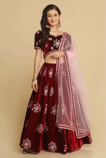 Velvet Embroidery Lehenga Choli In Maroon Colour - LD5680396