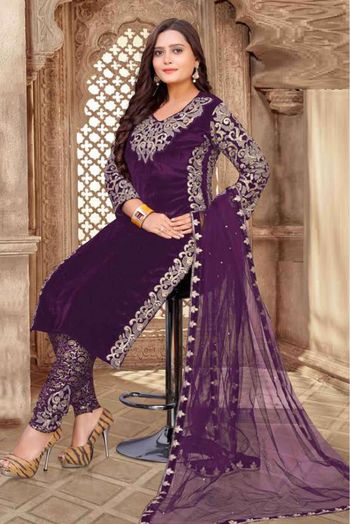 Velvet Embroidery Pant Style Suit In Purple Colour - SM1775468