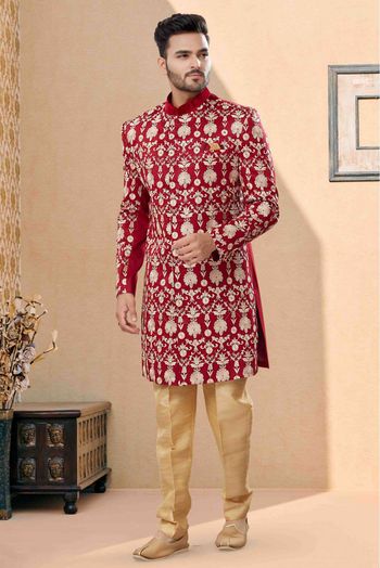 Velvet Sherwani In Maroon Colour - SH4120621