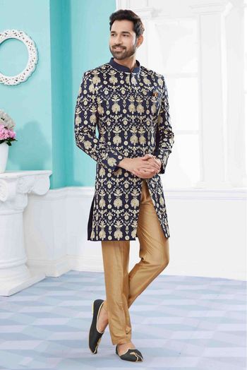 Velvet Sherwani In Navy Blue Colour - SH4120626