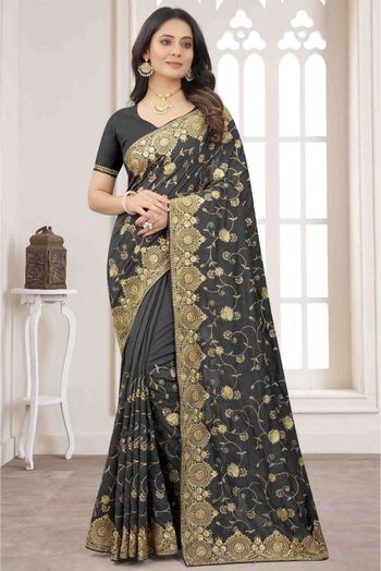 Vichitra Silk Embroidery Saree In Grey Colour - SR4690830