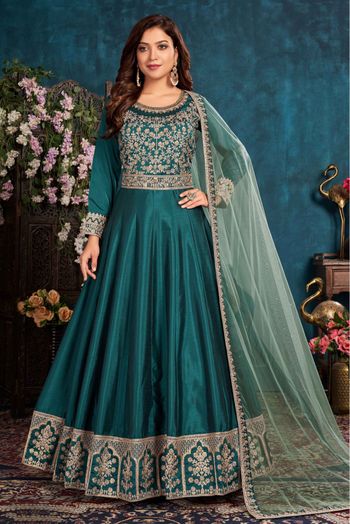 Art Silk Embroidery Anarkali Suit In Teal Colour-SM1640682