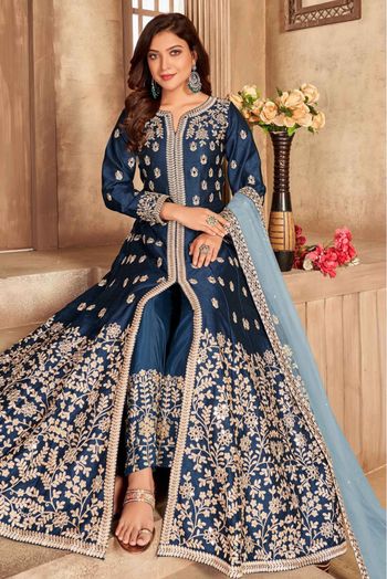 Art Silk Embroidery Pant Style Suit In Blue Colour-SM1640668