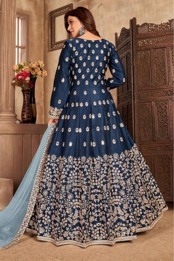 Art Silk Embroidery Pant Style Suit In Blue Colour-SM1640668