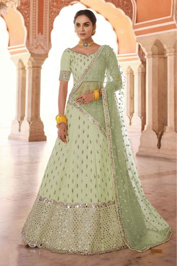 Art Silk Mirror Work Lehenga Choli In Pista Green Colour - LD4900789