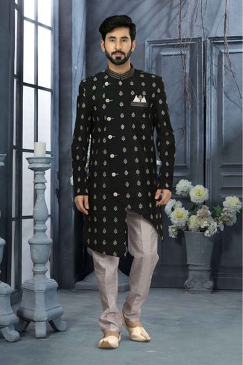 Art Silk Thread Work Sherwani In Black Colour - SH4120553