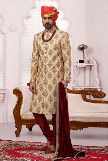 Banarasi Silk Embroidery Sherwani In Gold Colour - SH5412799