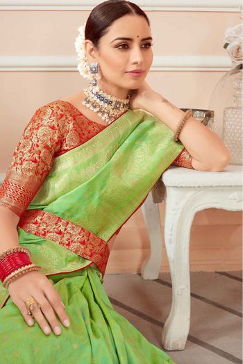 Banarasi Silk Woven Saree In Parrot Green Colour - SR1357109