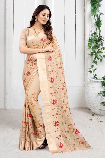 Chiffon Satin Embroidery Saree In Beige Colour - SR1543356