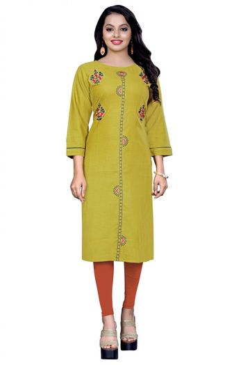 Cotton Blend Casual Wear Kurti In Olive Green Colour - KR5500026