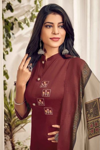 Cotton Embroidery Pant Style Suit In Maroon Colour - SS5412823