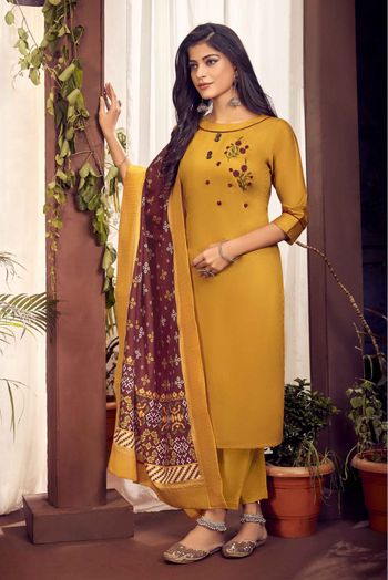 Cotton Embroidery Pant Style Suit In Mustard Colour - SS5412825