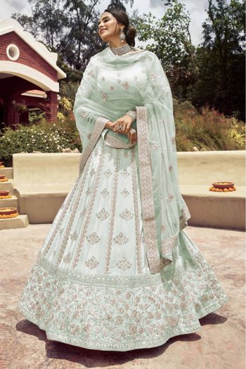 Embroidery Machine Sky Blue Desinger Net Lehenga, Size: Free Size, Lehenga,Blouse  & Dupatta at Rs 5999/piece in Surat