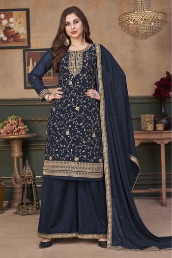 Faux Georgette Embroidery Palazzo Pant Suit In Blue Colour - SM1640723