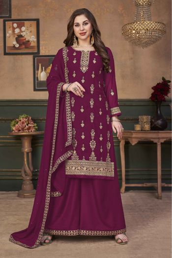 Faux Georgette Embroidery Palazzo Pant Suit In Magenta Pink Colour - SM1640732