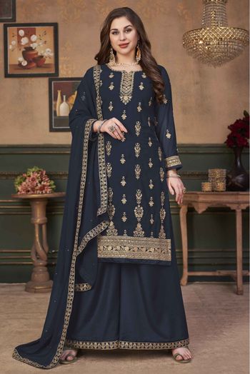 Faux Georgette Embroidery Palazzo Pant Suit In Navy Blue Colour - SM1640731