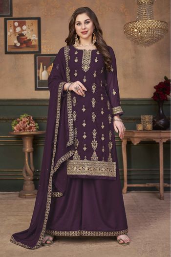 Faux Georgette Embroidery Palazzo Pant Suit In Wine Colour - SM1640730