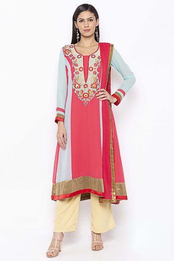 Plus Size Georgette Embroidery Anarkali Suit In Coral Pink Colour - SS2711115