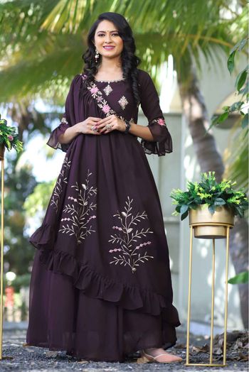 Georgette Embroidery Gown  In Wine Colour - GW1780563