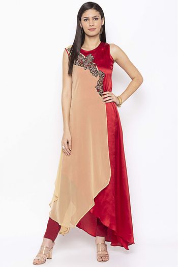 Plus Size Georgette Embroidery Kurta Set In Beige And Maroon Colour - KR2711103