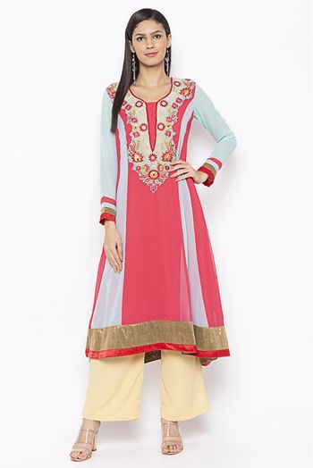 Plus Size Georgette Embroidery Kurta Set In Coral Pink Colour - KR2711090