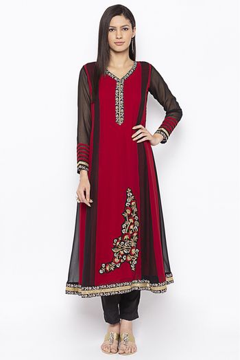 Plus Size Georgette Embroidery Kurta Set In Maroon Colour - KR2711091