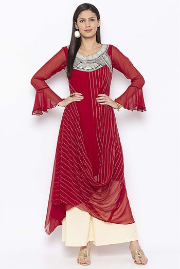 Plus Size Georgette Embroidery Kurta Set In Maroon Colour - KR2711097