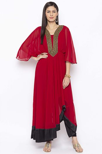 Plus Size Georgette Embroidery Kurta Set In Maroon Colour - KR2711104