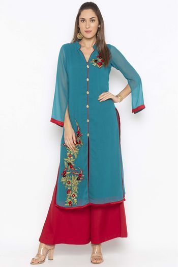 Plus Size Georgette Embroidery Kurta Set In Rama Green Colour - KR2711086