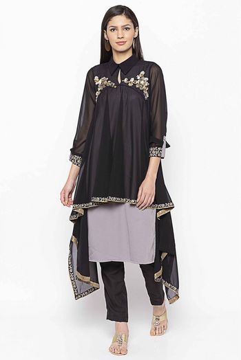 Plus Size Georgette Embroidery Kurti In Black Colour - KR2711084