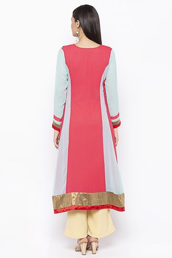 Plus Size Georgette Embroidery Kurti In Coral Pink Colour - KR2711065