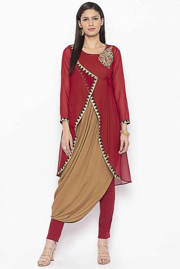 Plus Size Georgette Embroidery Kurti In Maroon And Beige Colour - KR2711085