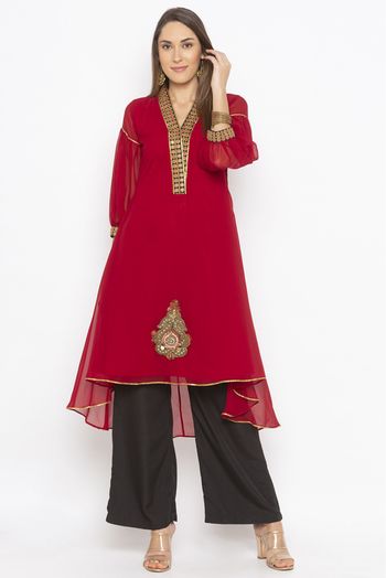 Plus Size Georgette Embroidery Kurti In Maroon Colour - KR2711070