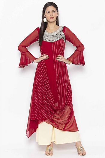 Plus Size Georgette Embroidery Kurti In Maroon Colour - KR2711072