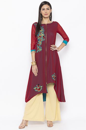 Plus Size Georgette Embroidery Kurti In Maroon Colour - KR2711074