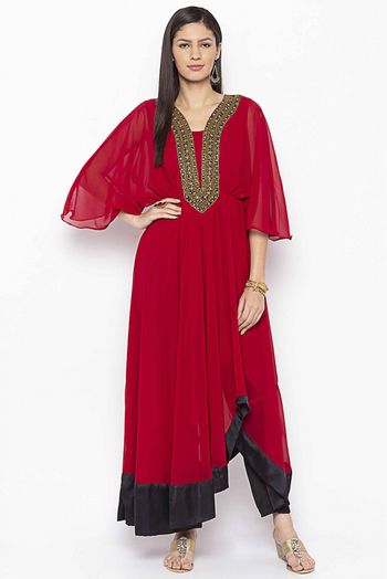 Plus Size Georgette Embroidery Kurti In Maroon Colour - KR2711079