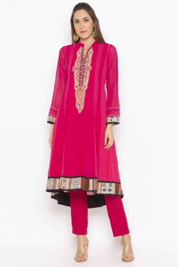 Plus Size Georgette Embroidery Kurti In Pink Colour - KR2711077