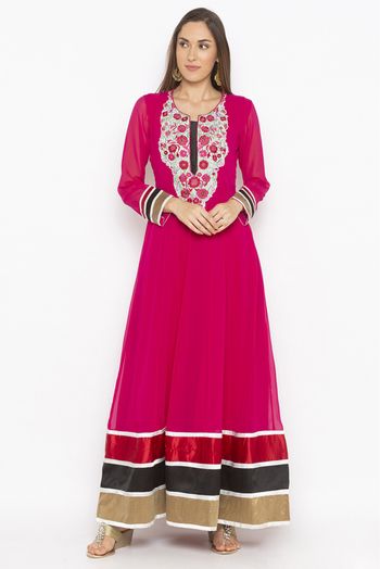 Plus Size Georgette Embroidery Kurti In Pink Colour - KR2711081