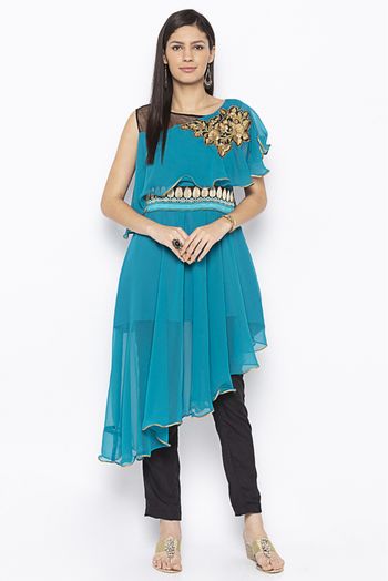 Plus Size Georgette Embroidery Kurti In Rama Green Colour - KR2711068