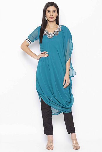 Plus Size Georgette Embroidery Kurti In Rama Green Colour - KR2711076
