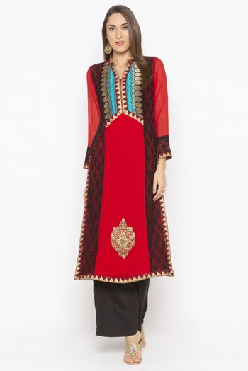 Plus Size Georgette Embroidery Kurti In Red Colour - KR2711083