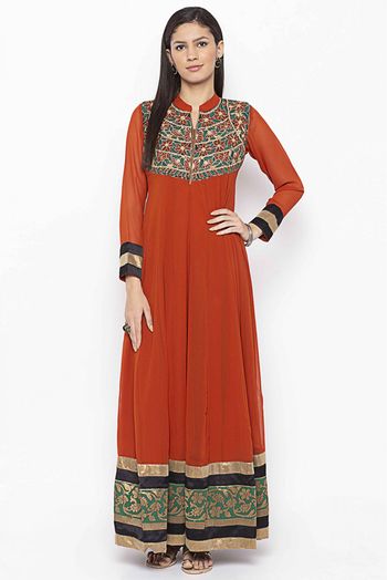 Plus Size Georgette Embroidery Kurti In Rust Colour - KR2711080