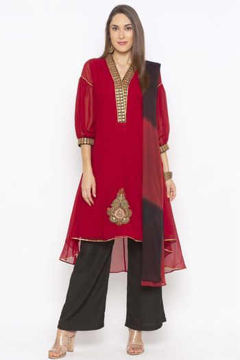 Plus Size Georgette Embroidery Palazzo Pant Suit In Maroon Colour - SS2711120